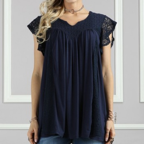 Suzanne Betro Tops - Navy Lace Notch-neck Tunic